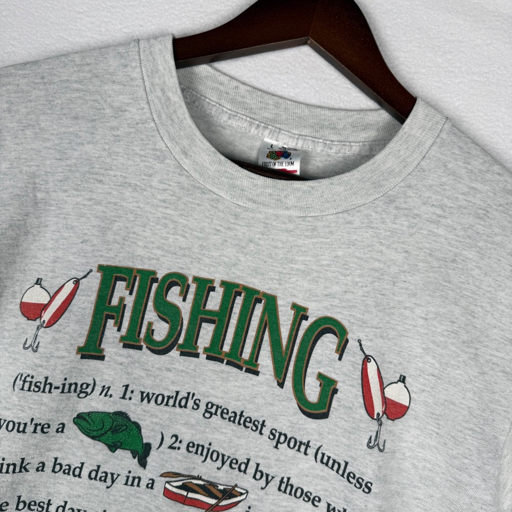 Vintage Fruit of the Loom Fishing Definition Graphic Tee Mens L Gray USA Made